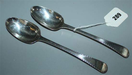 Pair George III silver bright cut table spoons